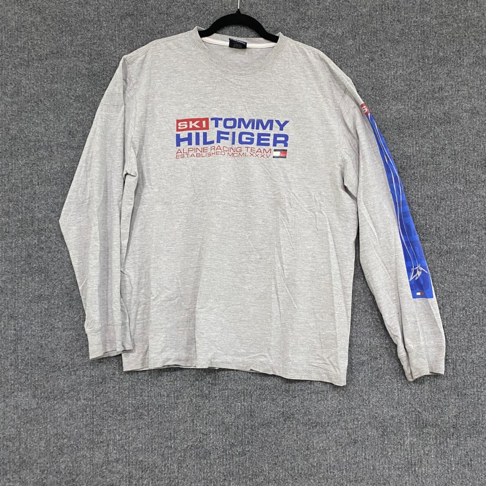 Tommy Hilfiger Mens Ski Alpine Racing Team Long Sleeve Graphic T-Shirt Gray L